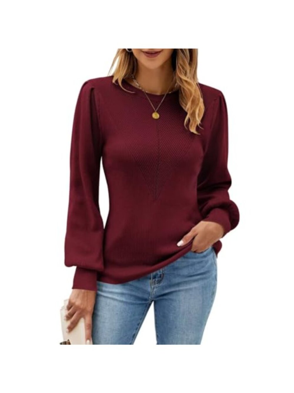 Women's Long Sleeve Ribbed Knit Pullover Sweater Slim Fit Crew Neck